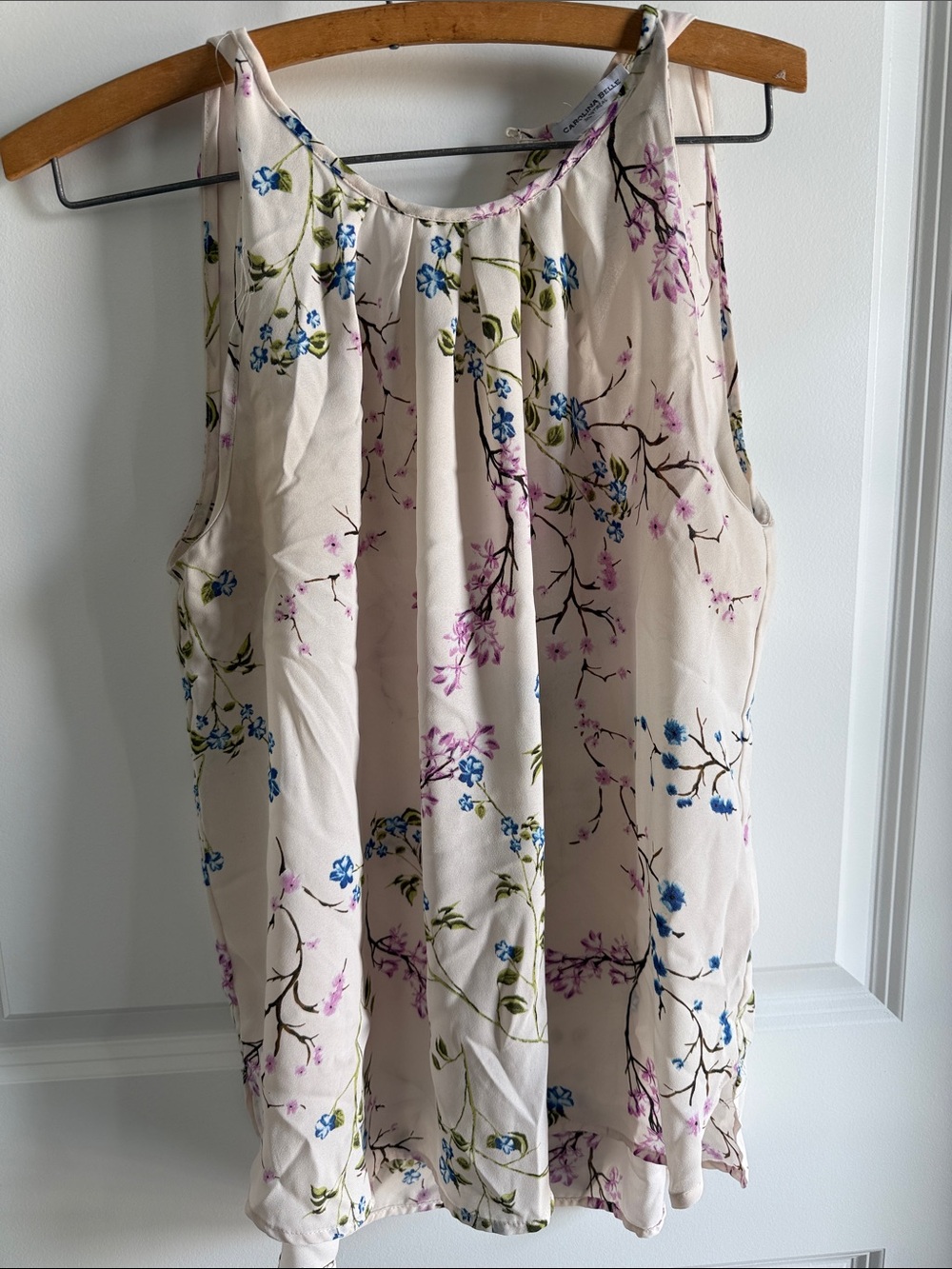 Floral Sleeveless Cream Blouse with Blue & Pink Print - L